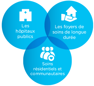 graphique - ce-que-nous-supervisons: les hôpitaux publics, les foyers de soins de longe durée, les centres d'accès aux soins communautaires