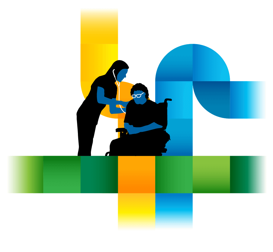 Illustration colorée de chemins en carreaux en dégradé de bleu ombré, de vert, de jaune et d’orange sur un fond bleu foncé, avec un professionnel de la santé avec un stéthoscope et s’occupant d’un patient en fauteuil roulant.