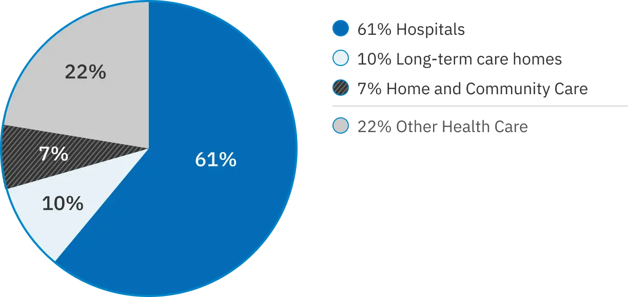 Pie graph shows distribution of complaints by type of Health Sector Organization. 61% are for hospitals, 10% are for long-term care homes, 7% are for home and community care, and 22% are for other health care.
