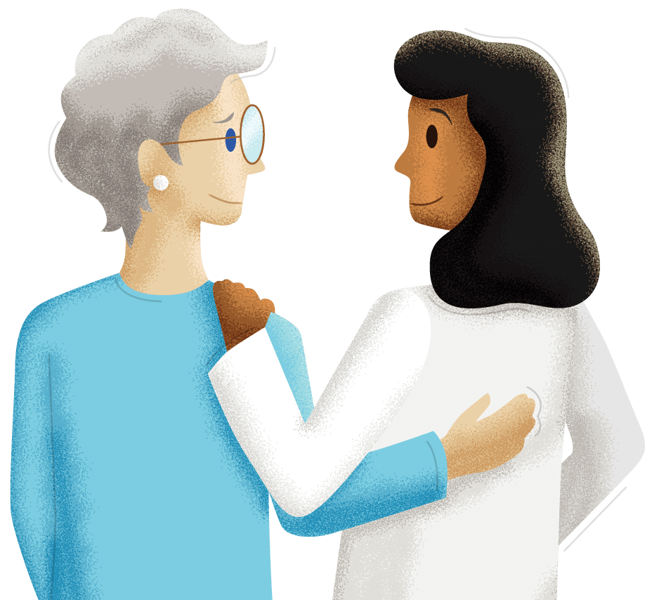 Illustration of a doctor and elderly woman with their arms over each other's shoulders
