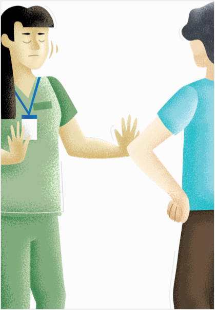 A hospital staff member is shaking her head 'no' to a woman with her hands on her hips