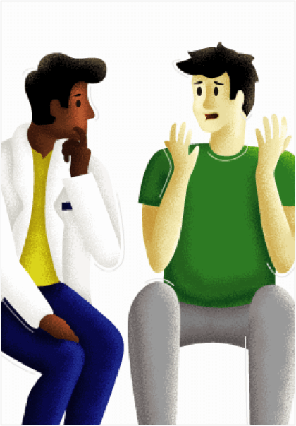 A doctor listens to a young man who looks troubled